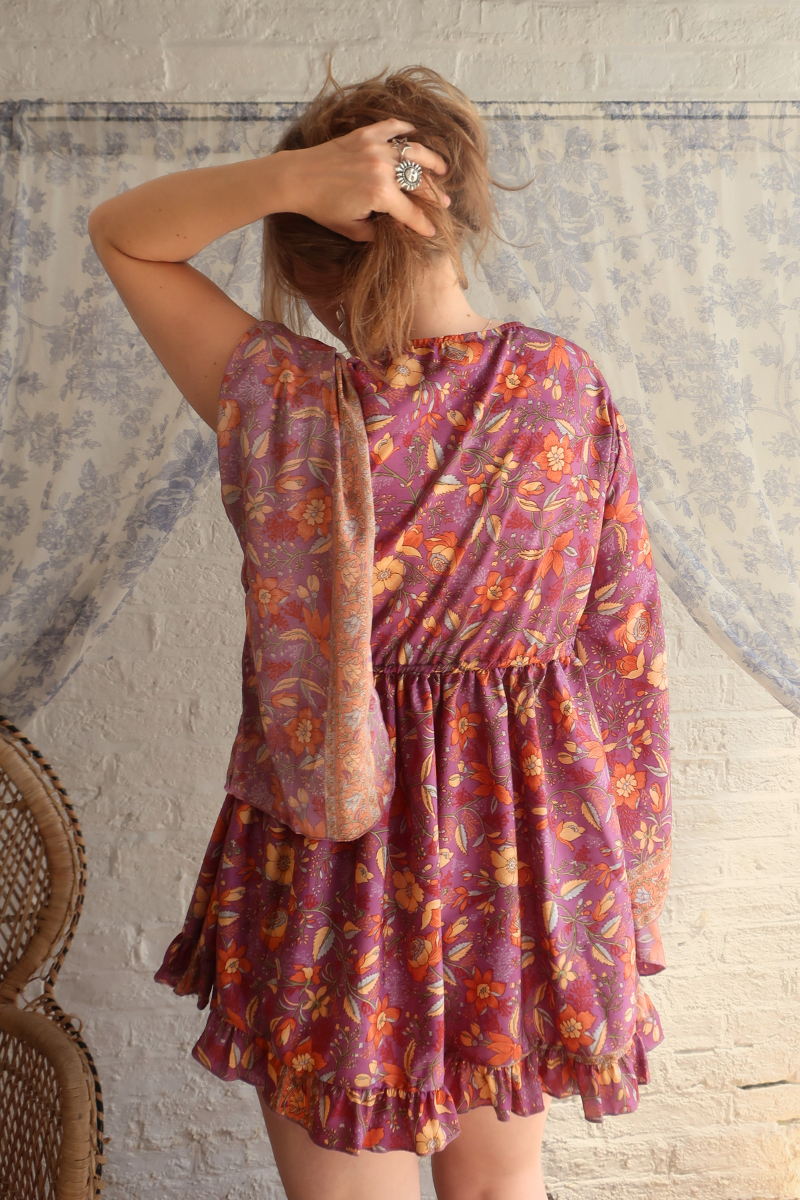 Pixie Folklore Floral Babydoll Mini Dress in Hibiscus Purple