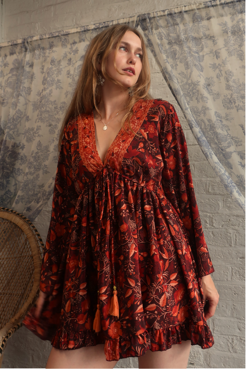 Pixie Folklore Floral Babydoll Mini Dress in Cedar Red