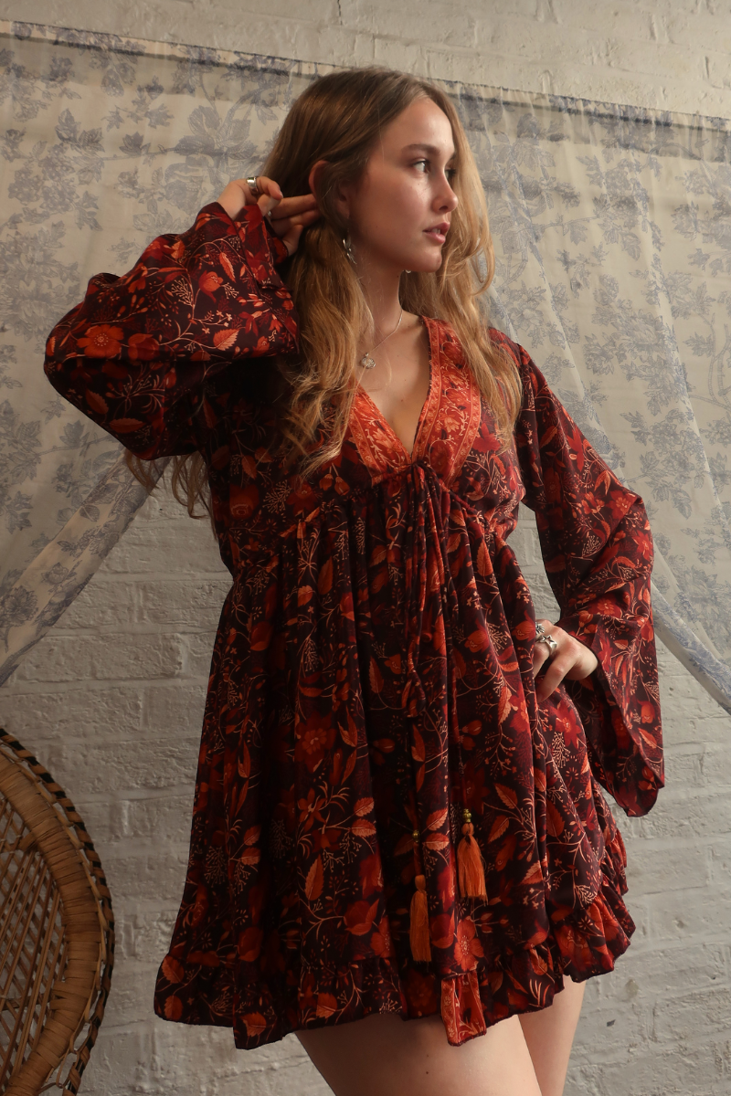 Pixie Folklore Floral Babydoll Mini Dress in Cedar Red