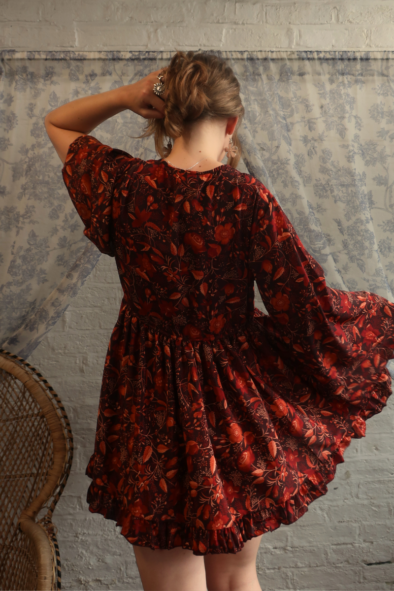 Pixie Folklore Floral Babydoll Mini Dress in Cedar Red