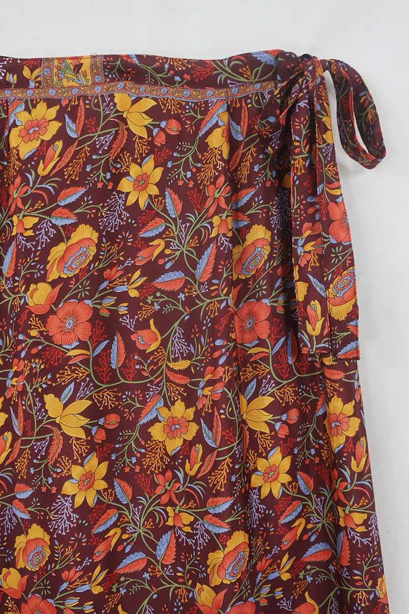 River Folklore Floral Wrap Skirt in Mahogany Brown – All About