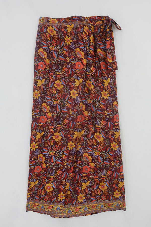 River Folklore Floral Wrap Skirt in Mahogany Brown