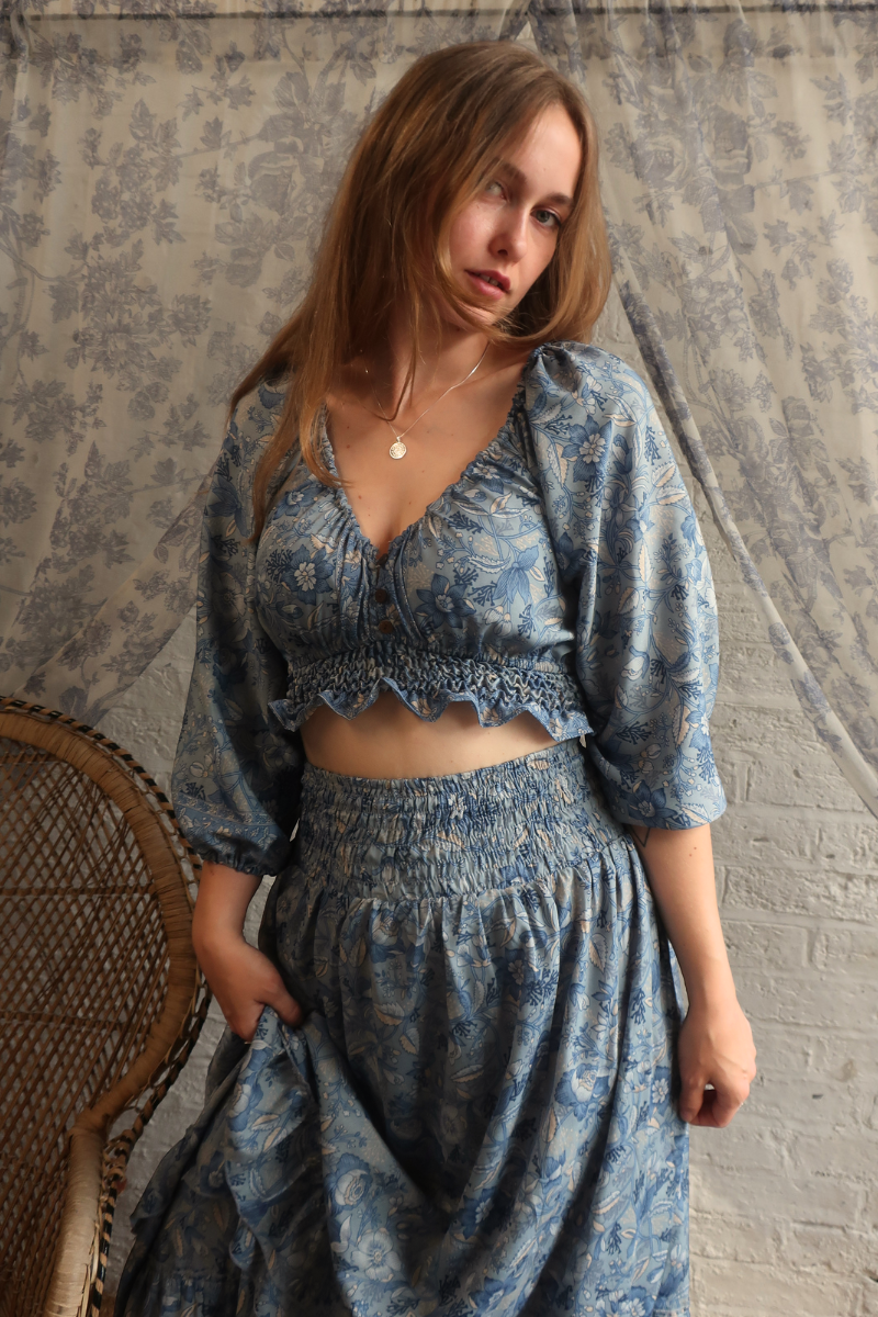 Libra Folklore Floral Crop Top in Forget-Me-Not Blue
