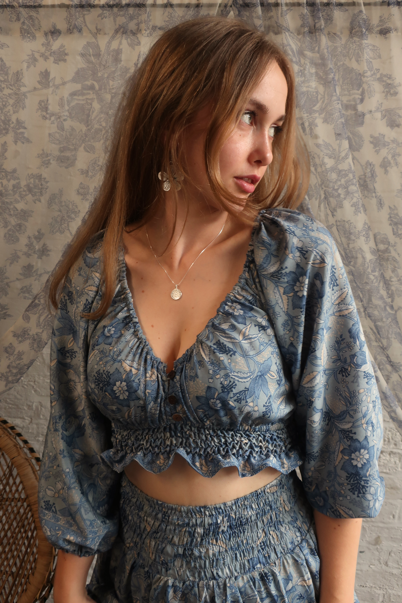 Libra Folklore Floral Crop Top in Forget-Me-Not Blue