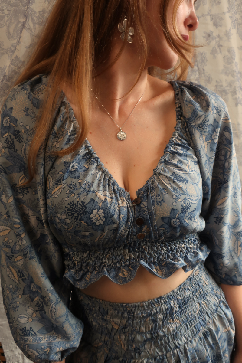 Libra Folklore Floral Crop Top in Forget-Me-Not Blue