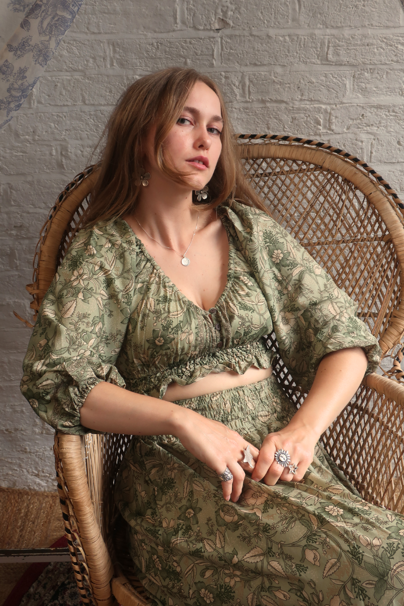 Libra Folklore Floral Crop Top in Bamboo Green