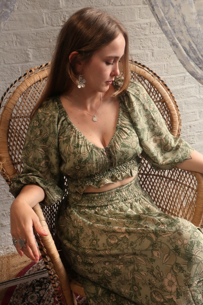Libra Folklore Floral Crop Top | Bamboo Green Libra Folklore Floral Crop Top | Bamboo Green