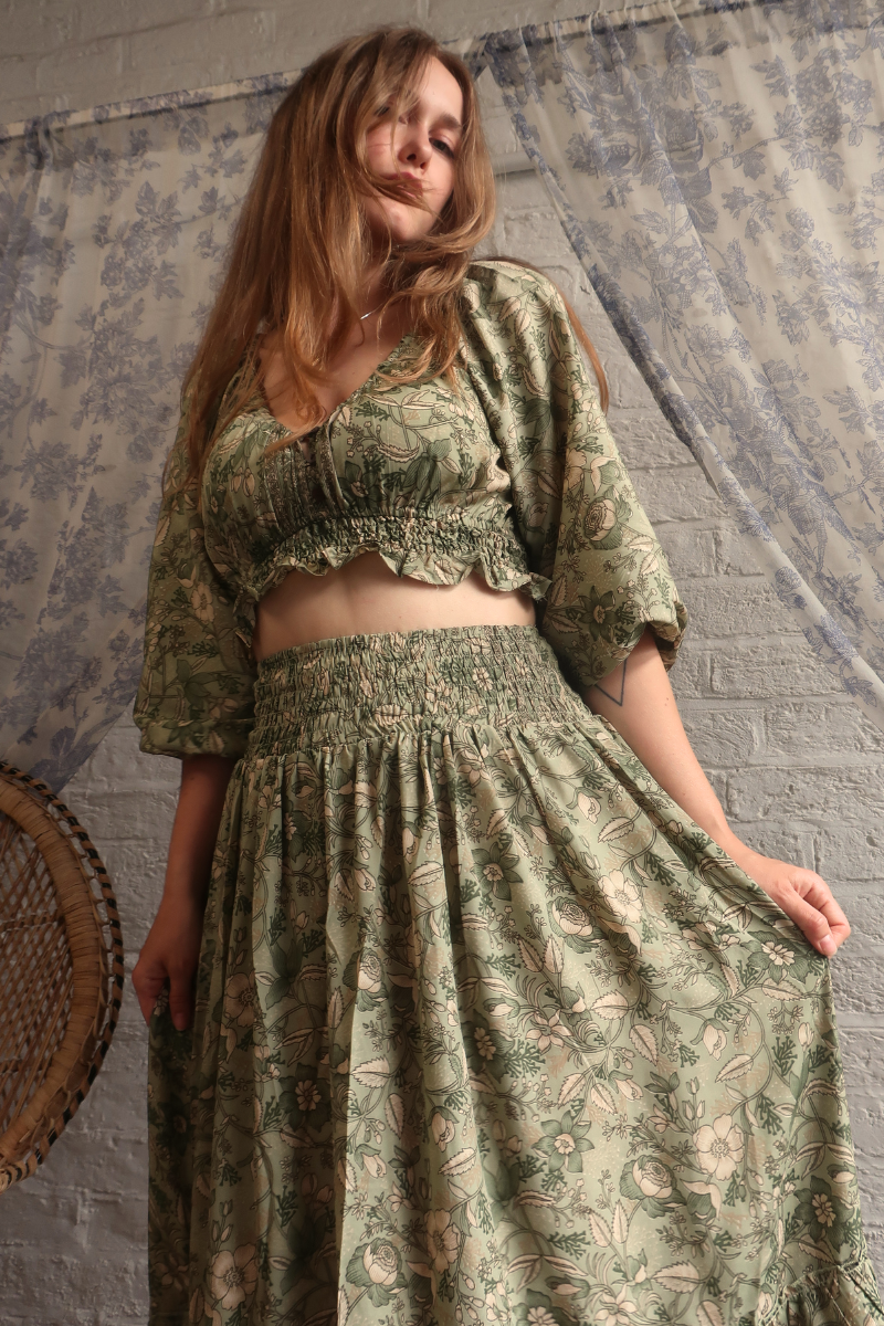 Libra Folklore Floral Crop Top in Bamboo Green