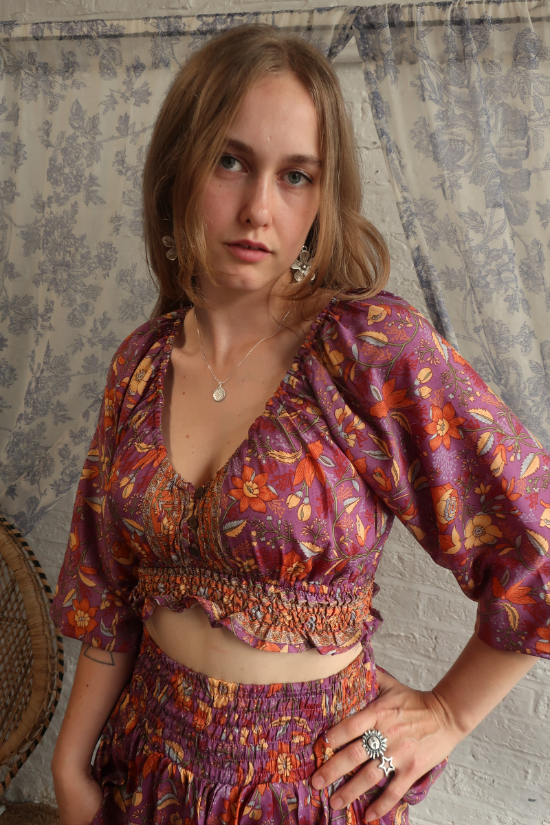 Libra Folklore Floral Crop Top in Hibiscus Purple