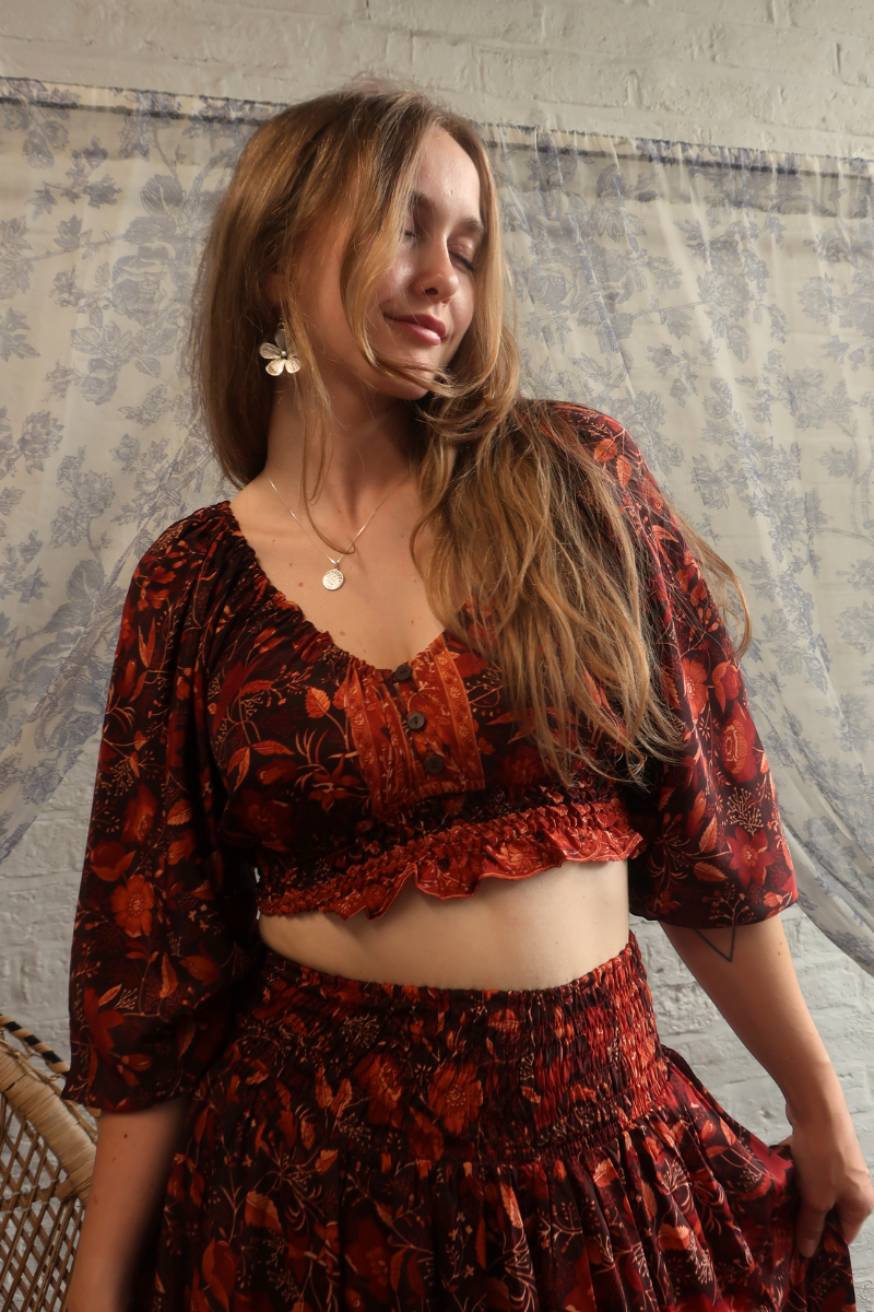 Libra Folklore Floral Crop Top in Cedar Red