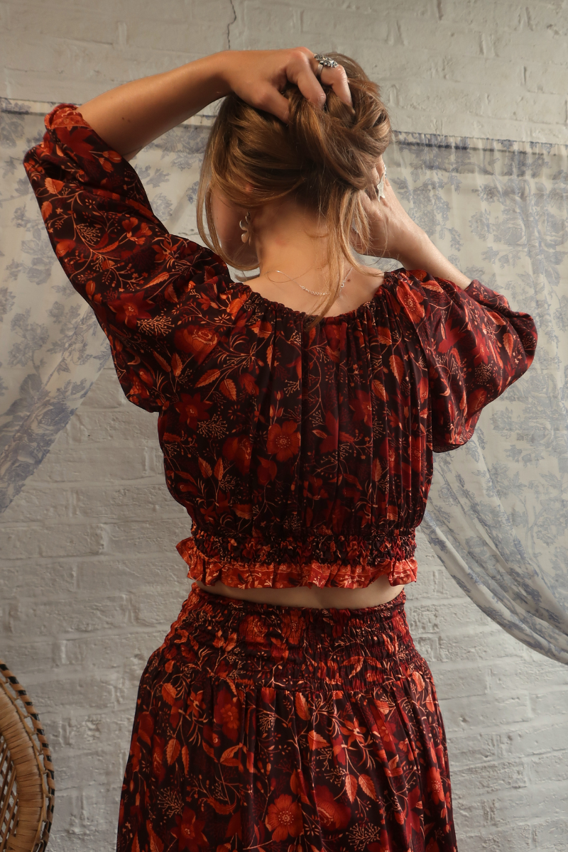 Libra Folklore Floral Crop Top in Cedar Red