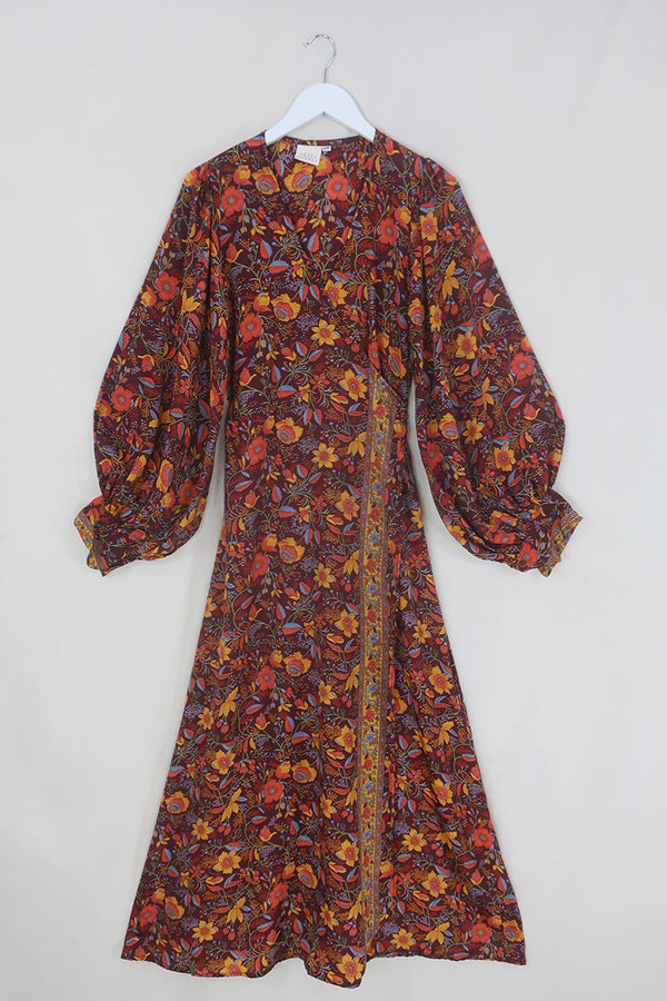 Lola Folklore Floral Wrap Dress in Mahogany Brown