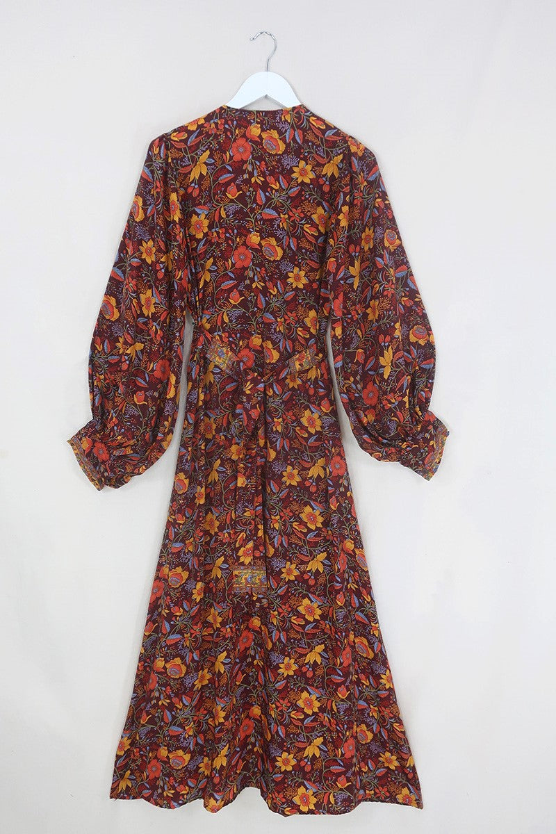 Lola Folklore Floral Wrap Dress in Mahogany Brown