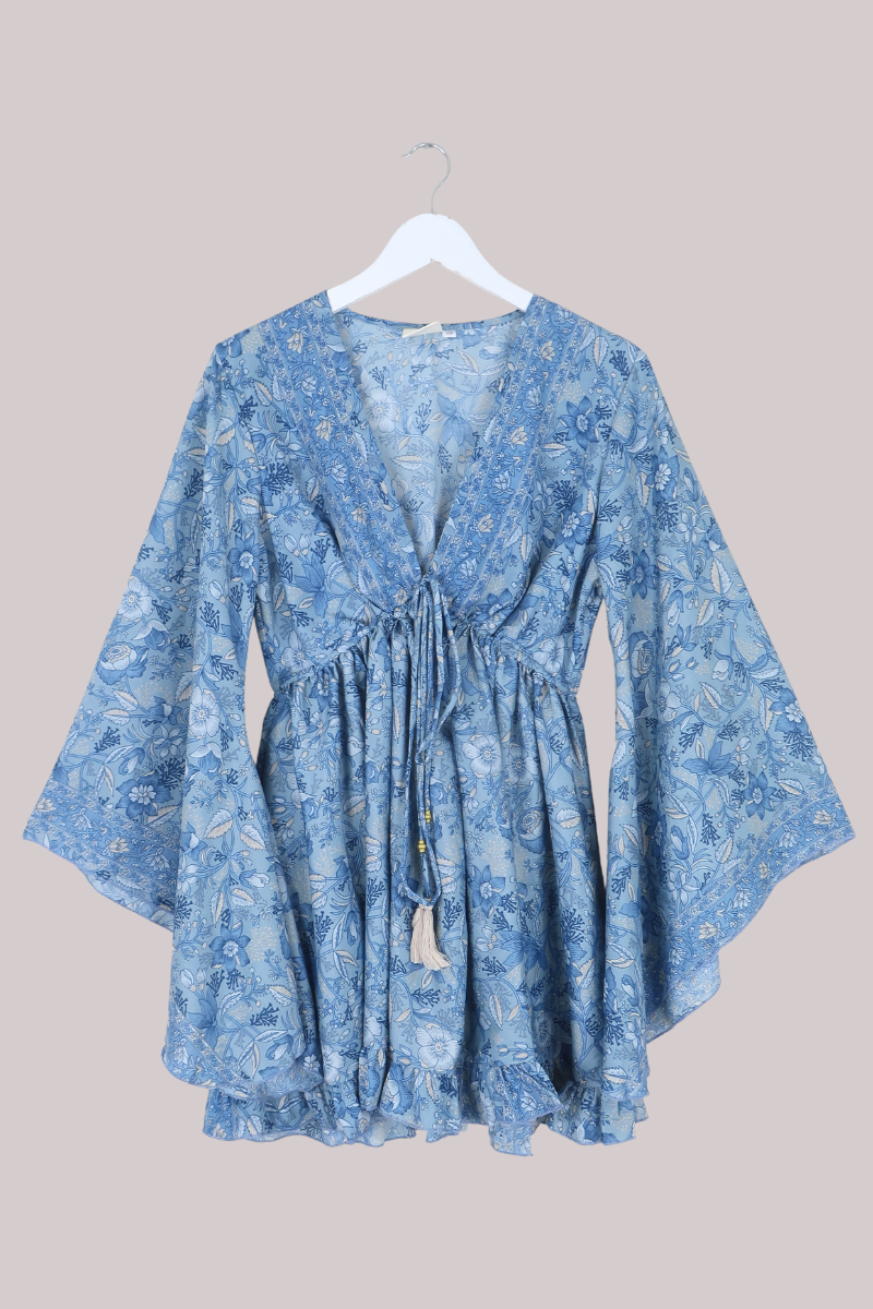 Pixie Folklore Floral Babydoll Mini Dress in Forget-Me-Not Blue