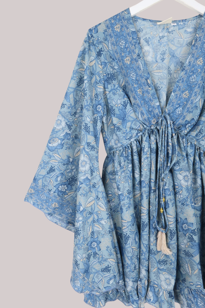 Pixie Folklore Floral Babydoll Mini Dress in Forget-Me-Not Blue
