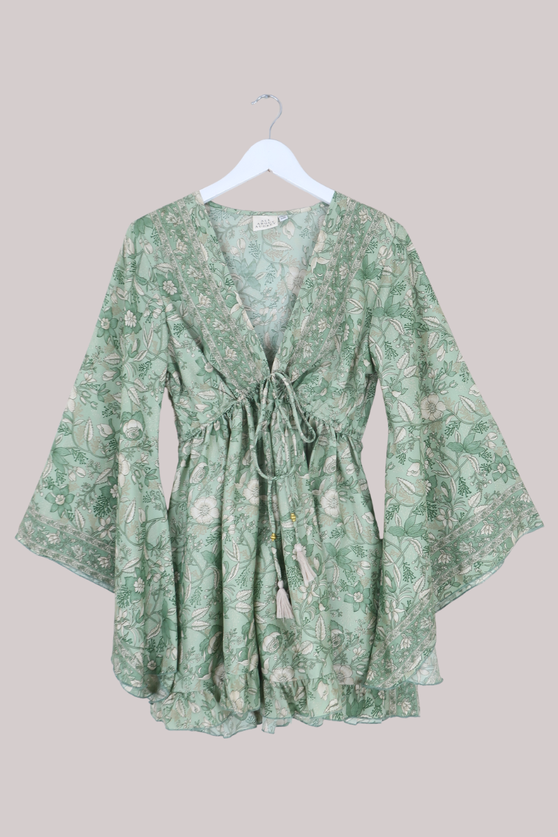 Pixie Folklore Floral Babydoll Mini Dress in Bamboo Green