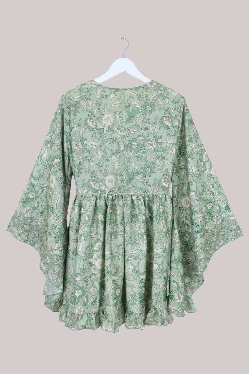 Pixie Folklore Floral Babydoll Mini Dress in Bamboo Green
