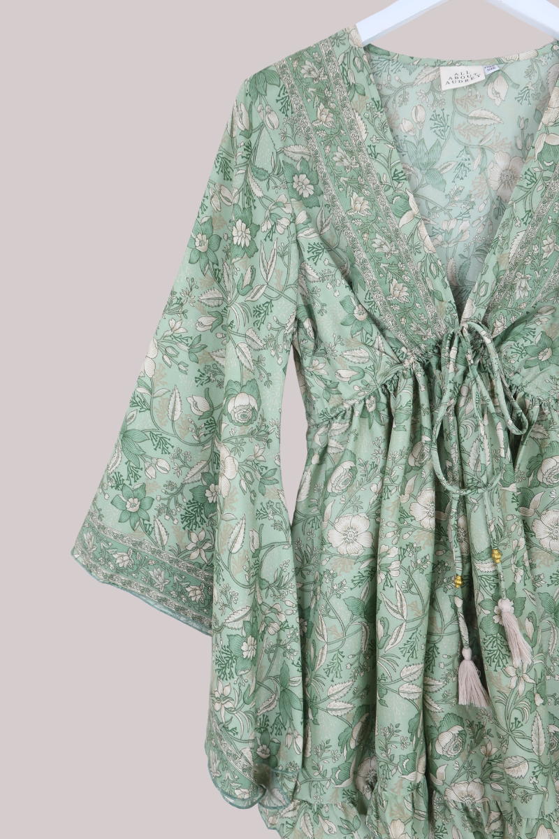 Pixie Folklore Floral Babydoll Mini Dress in Bamboo Green