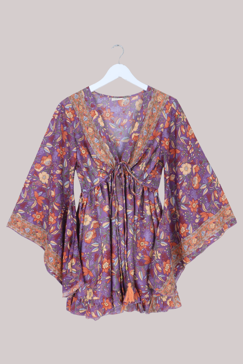 Pixie Folklore Floral Babydoll Mini Dress in Hibiscus Purple
