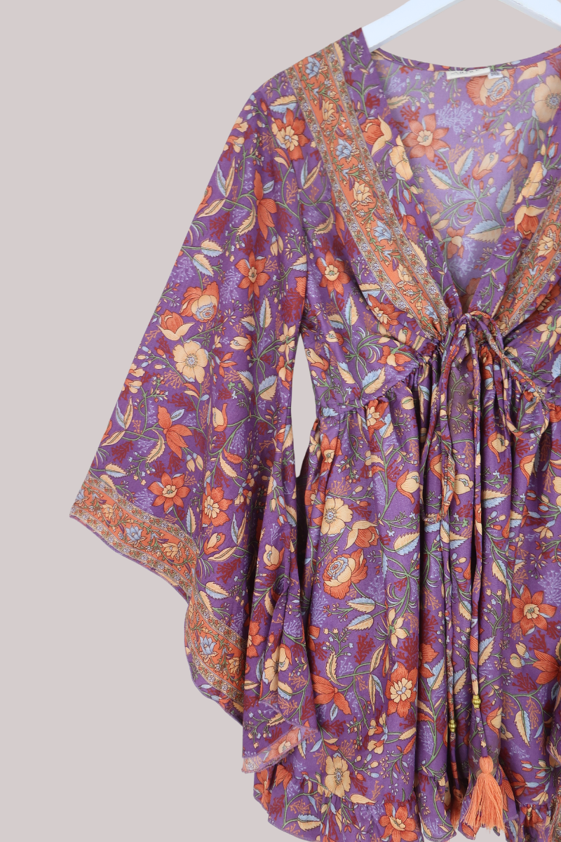 Pixie Folklore Floral Babydoll Mini Dress in Hibiscus Purple