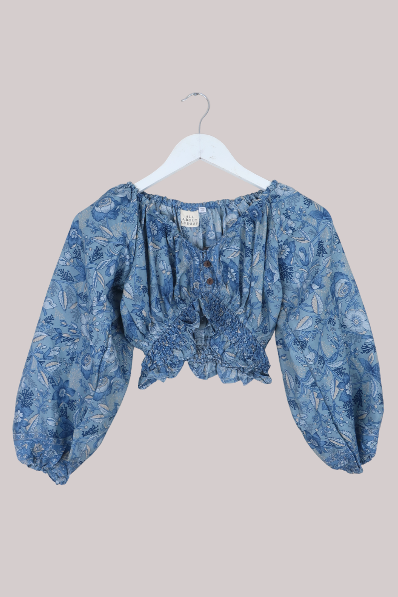 Libra Folklore Floral Crop Top in Forget-Me-Not Blue