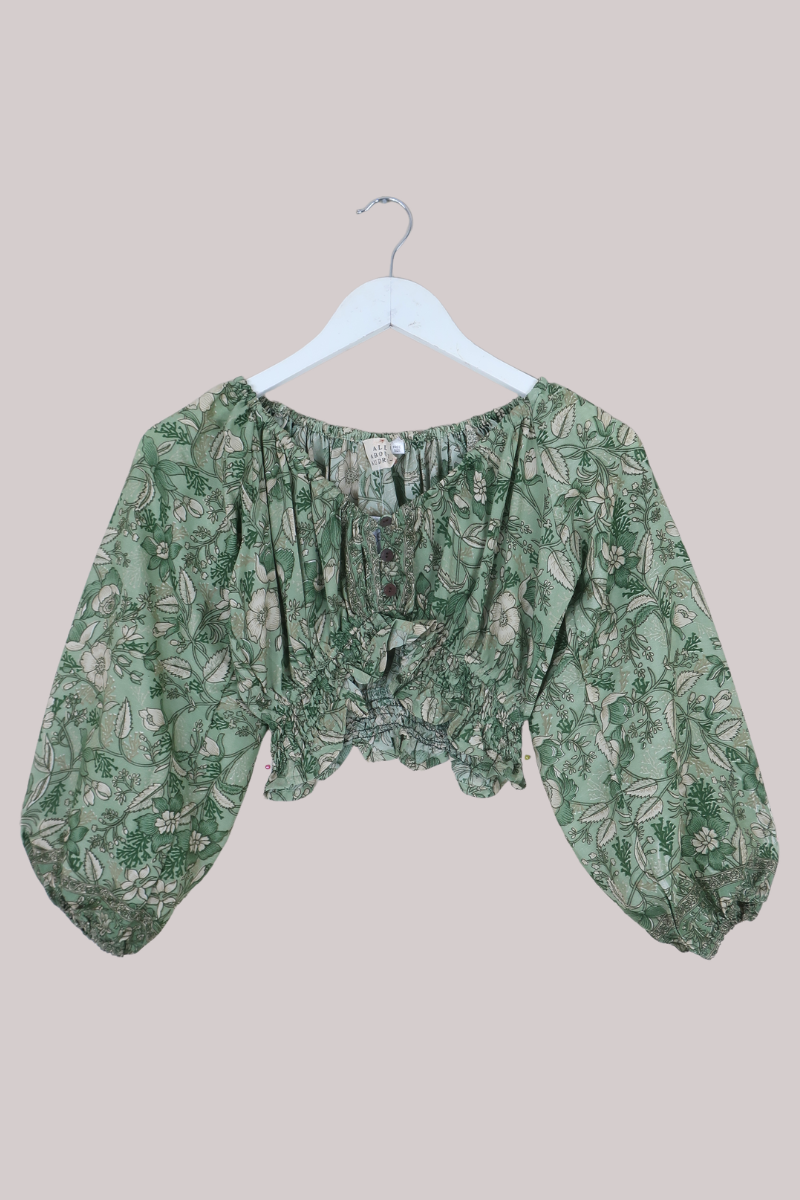 Libra Folklore Floral Crop Top in Bamboo Green