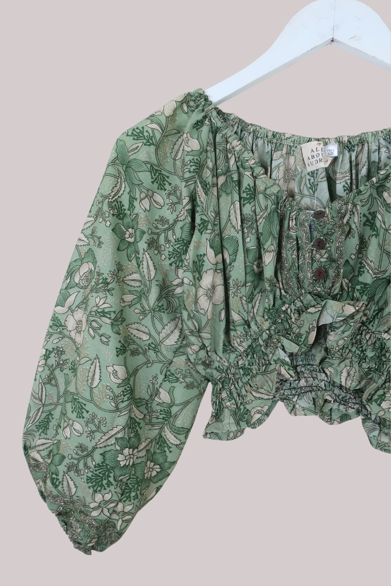 Libra Folklore Floral Crop Top in Bamboo Green