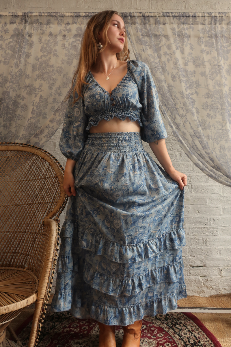 Paloma Folklore Floral Maxi Skirt in Forget-Me-Not Blue