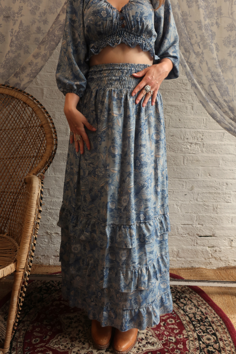 Paloma Folklore Floral Maxi Skirt in Forget-Me-Not Blue