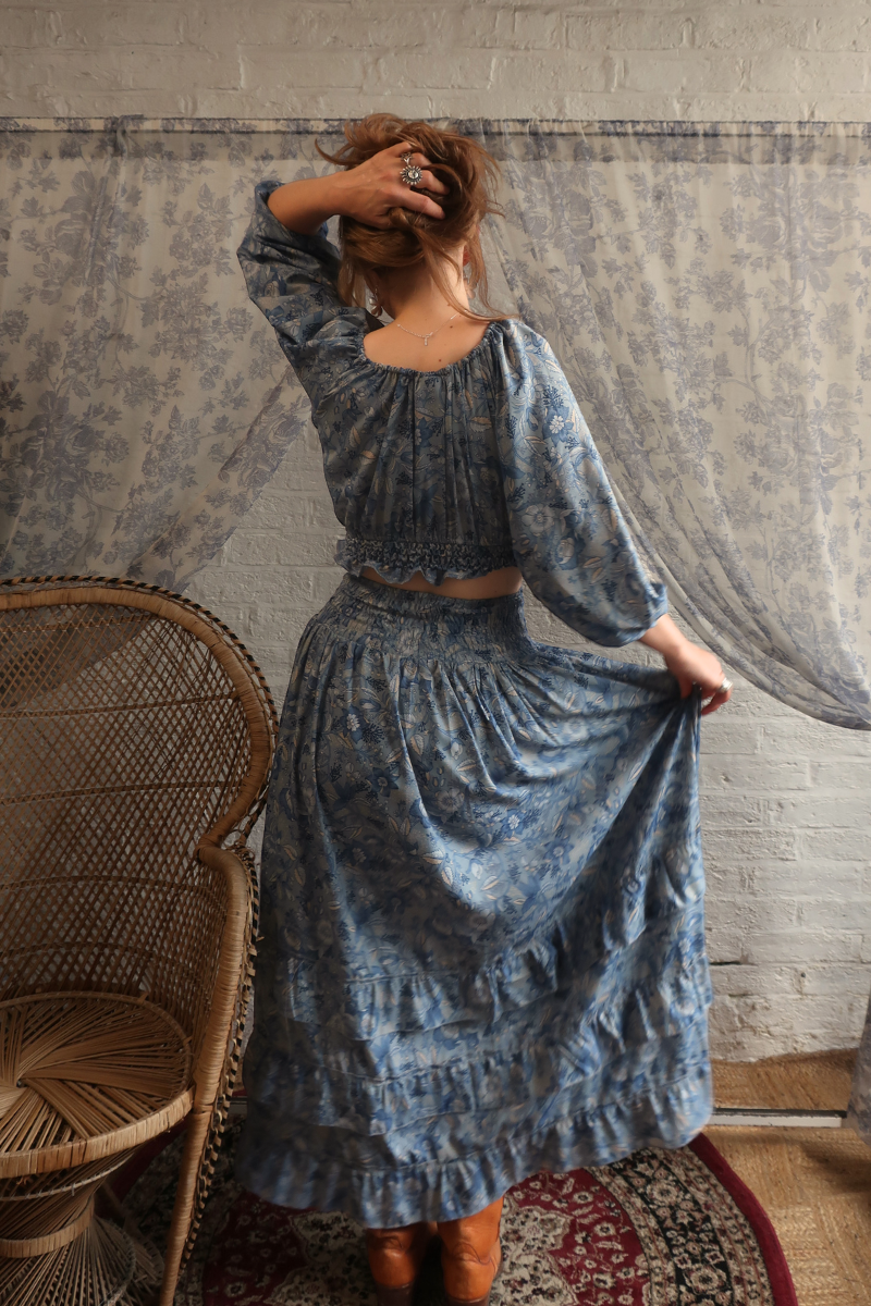 Paloma Folklore Floral Maxi Skirt in Forget-Me-Not Blue