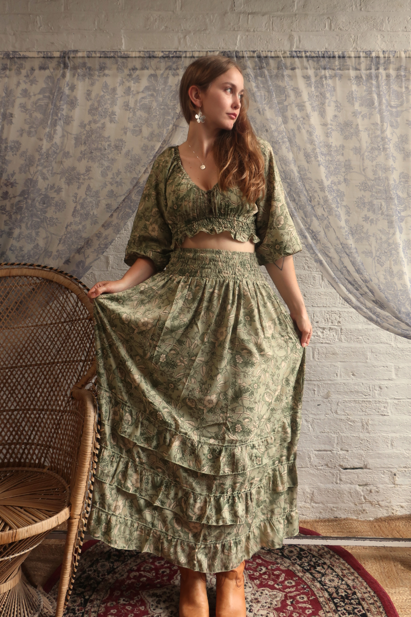 Paloma Folklore Floral Maxi Skirt in Bamboo Green