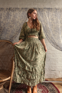 Paloma Folklore Floral Maxi Skirt in Bamboo Green