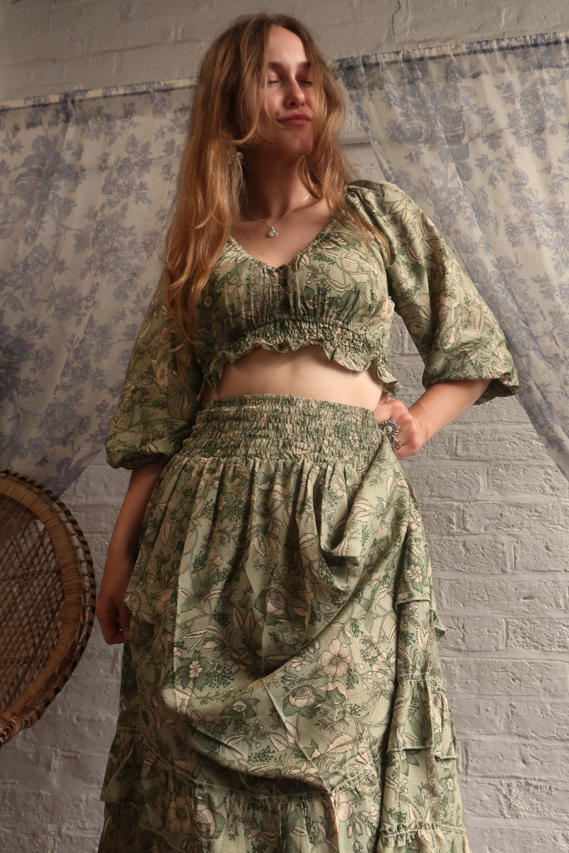Paloma Folklore Floral Maxi Skirt in Bamboo Green