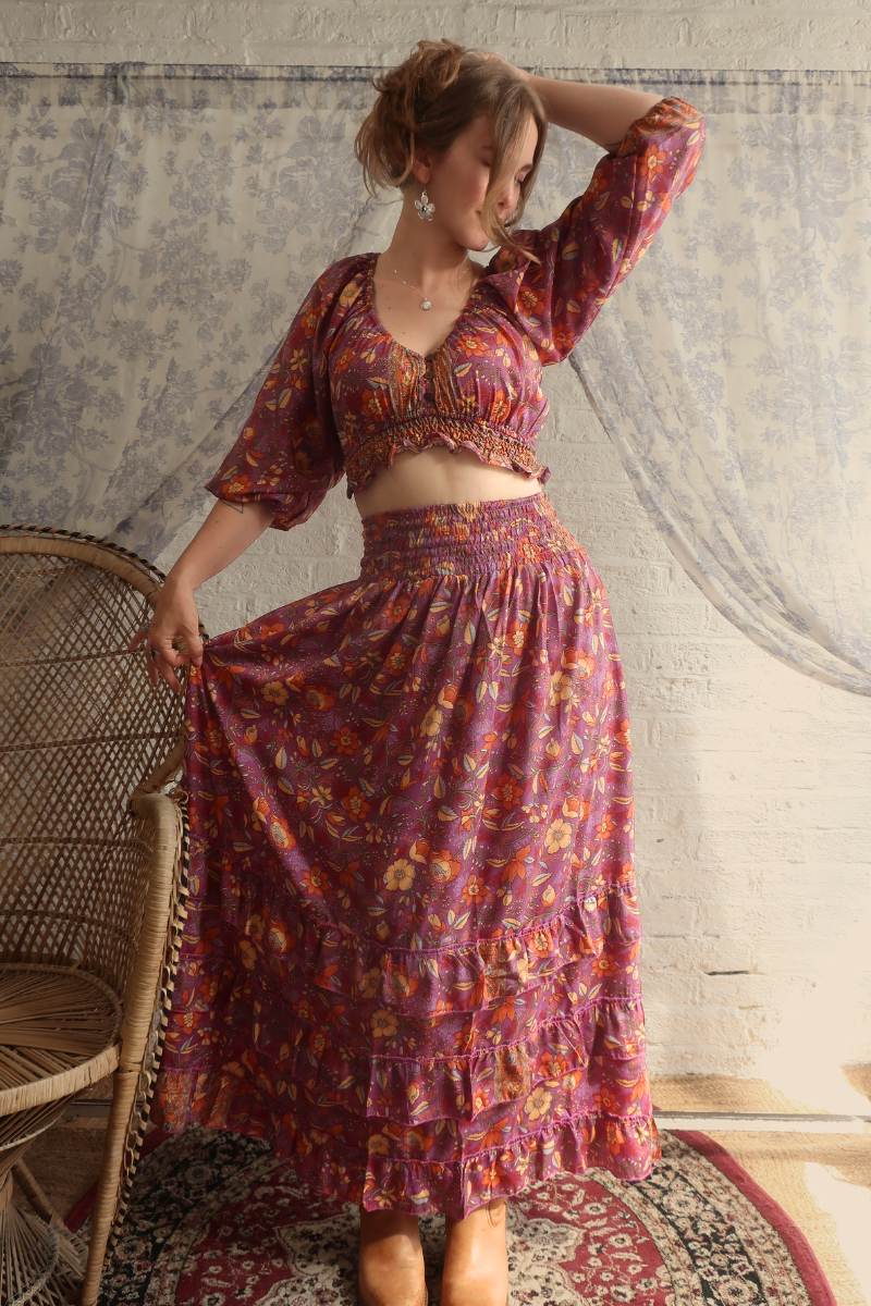Paloma Folklore Floral Maxi Skirt in Hibiscus Purple