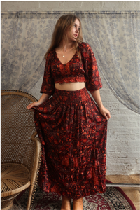 Paloma Folklore Floral Maxi Skirt in Cedar Red