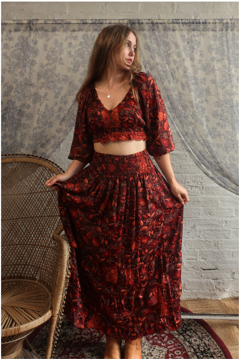 Paloma Folklore Floral Maxi Skirt in Cedar Red