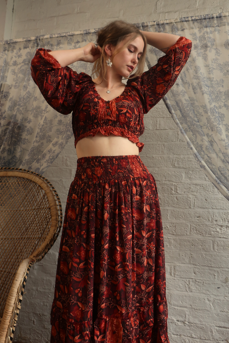 Paloma Folklore Floral Maxi Skirt in Cedar Red