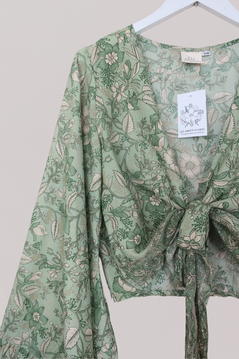 Venus Folklore Floral Wrap Top in Bamboo Green by All About Audrey