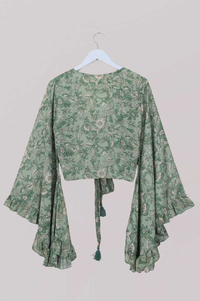 Venus Folklore Floral Wrap Top in Bamboo Green by All About Audrey