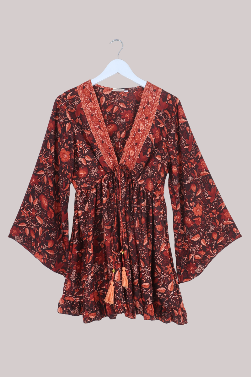 Pixie Folklore Floral Babydoll Mini Dress in Cedar Red