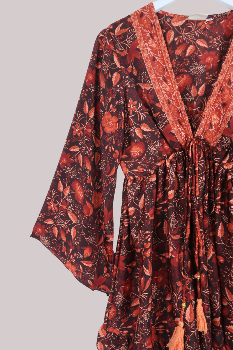Pixie Folklore Floral Babydoll Mini Dress in Cedar Red