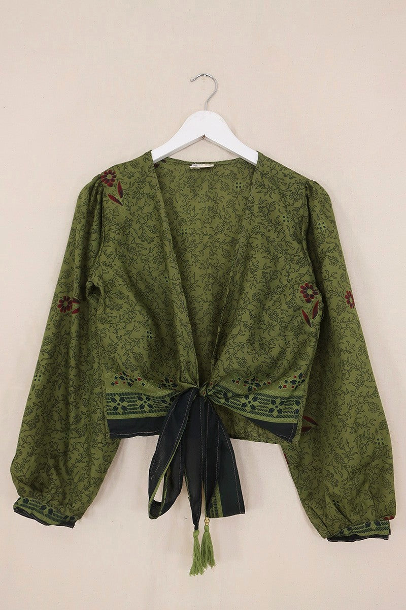 Lola Wrap Top - Forest & Crimson Flowers - Size XS by All About Audrey