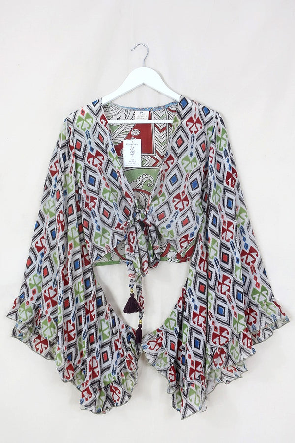 Venus Cotton Wrap Top - Earthy Off-White Aztec - Size S/M by All About Audrey