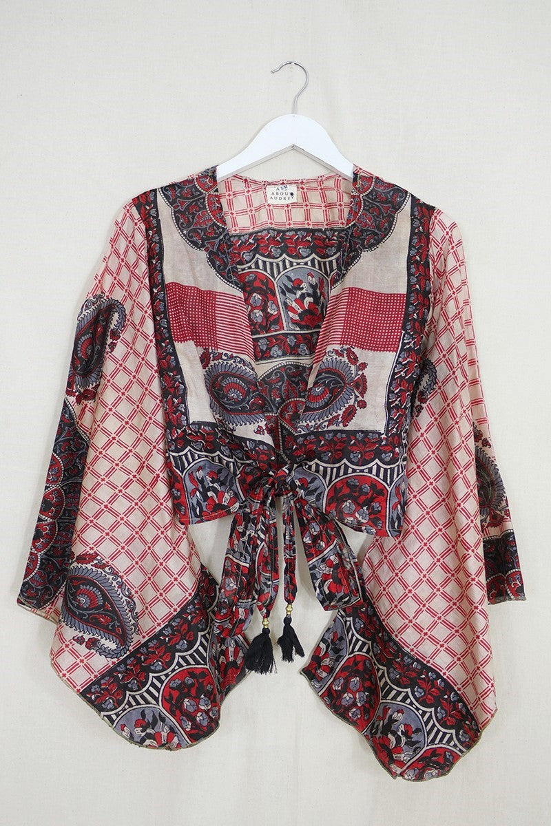 Gemini Wrap Top - Ruby Red & Black Garden Gates - Vintage Silk - Size S/M by all about audrey