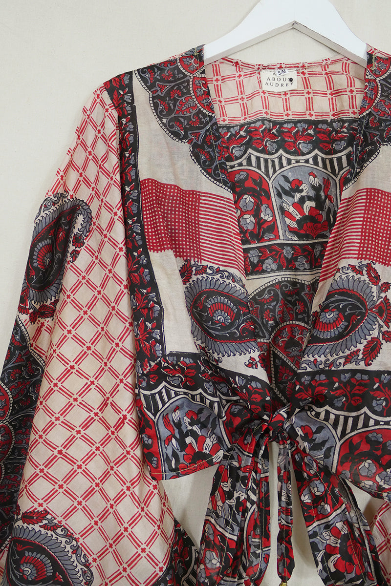 Gemini Wrap Top - Ruby Red & Black Garden Gates - Vintage Silk - Size S/M by all about audrey