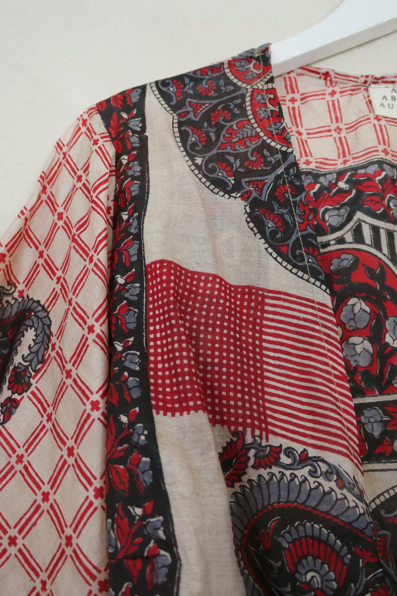 Gemini Wrap Top - Ruby Red & Black Garden Gates - Vintage Silk - Size S/M by all about audrey