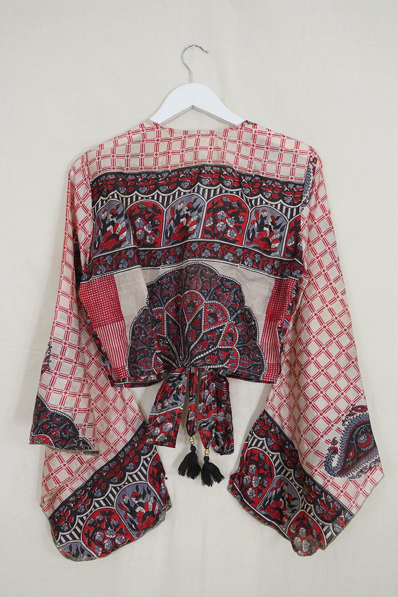 Gemini Wrap Top - Ruby Red & Black Garden Gates - Vintage Silk - Size S/M by all about audrey