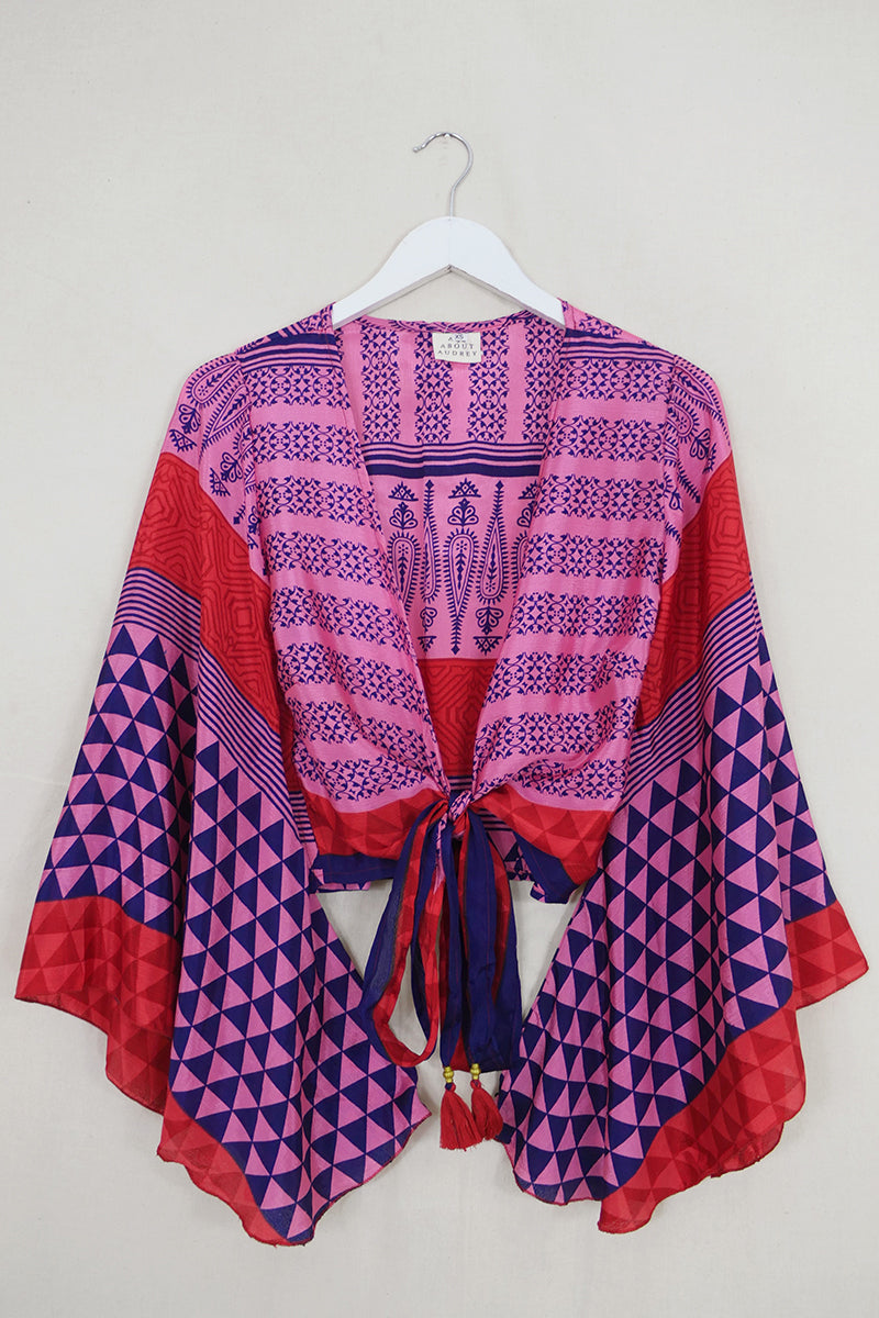 Gemini Wrap Top - Candy Pink & Navy Paisley - Vintage Sari - Size XS by all about audrey