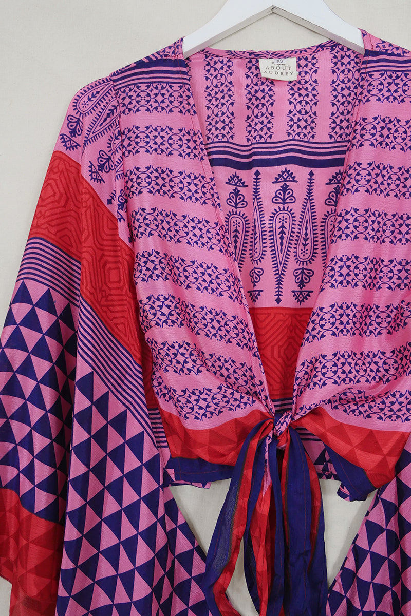 Gemini Wrap Top - Candy Pink & Navy Paisley - Vintage Sari - Size XS by all about audrey