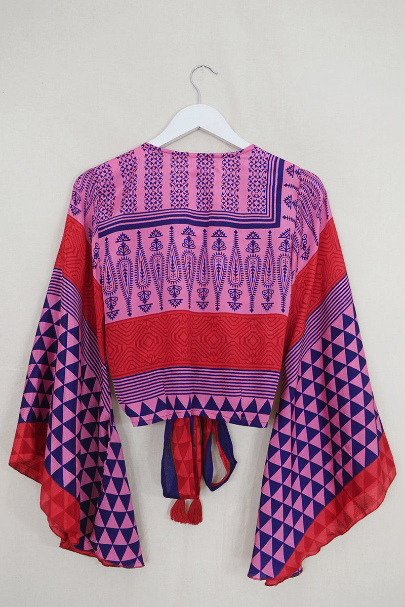 Gemini Wrap Top - Candy Pink & Navy Paisley - Vintage Sari - Size XS by all about audrey